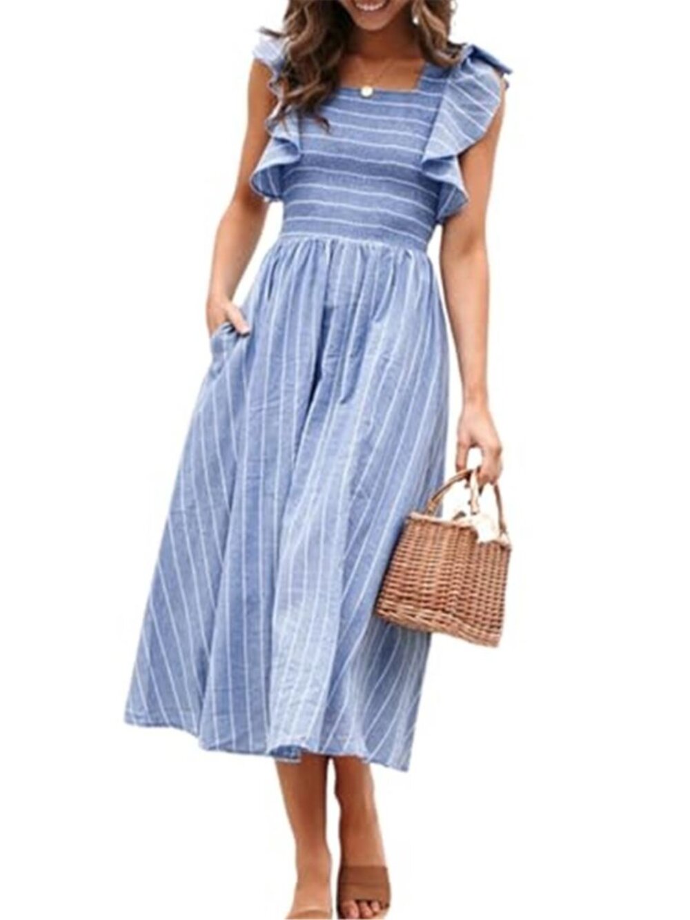 Women's Summer Smocked Midi Dress Casual Flutter Sleeve Long Boho